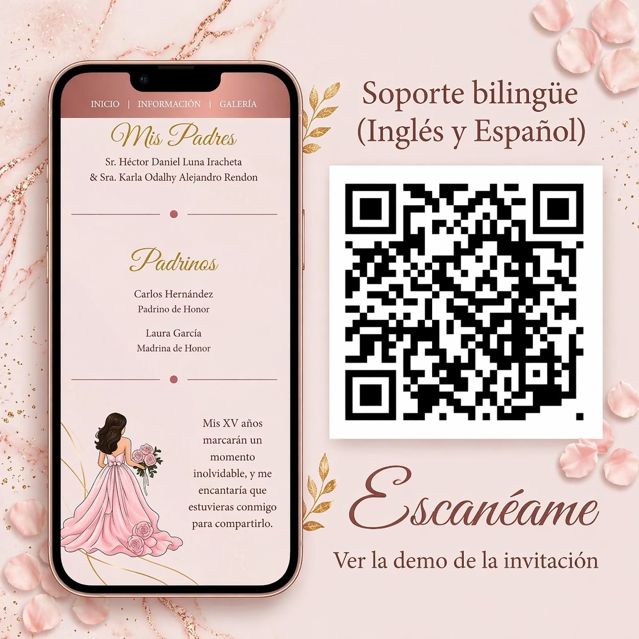 Quinceañera website demo with mobile invitation preview