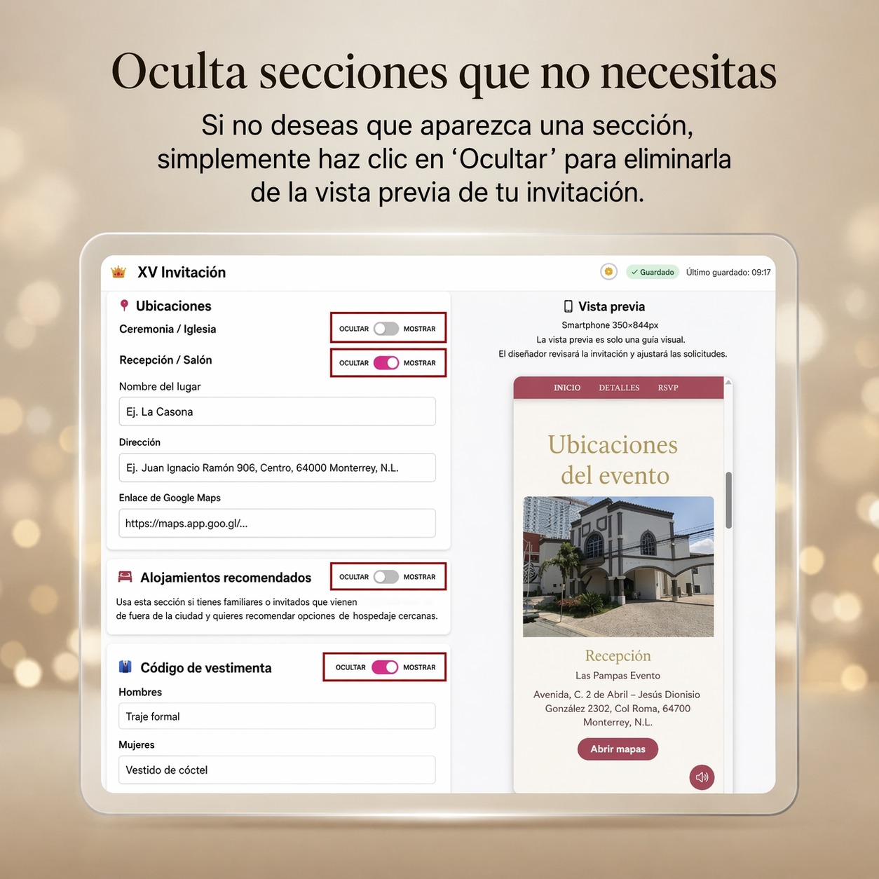Quinceañera digital invitation sections and event details