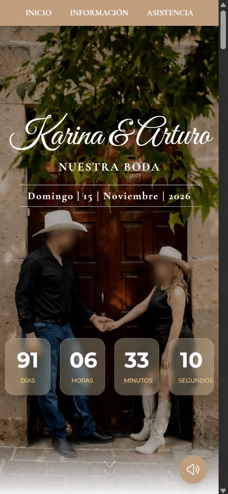 Vista previa m贸vil de la invitaci贸n digital boho campestre de Karina y Arturo