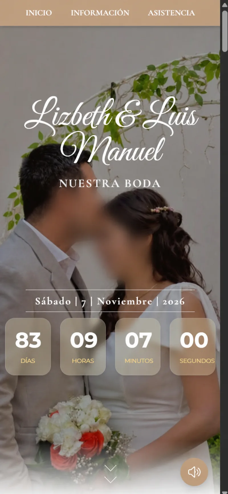 Vista previa m贸vil de la invitaci贸n digital rom谩ntica de Lizbeth y Luis